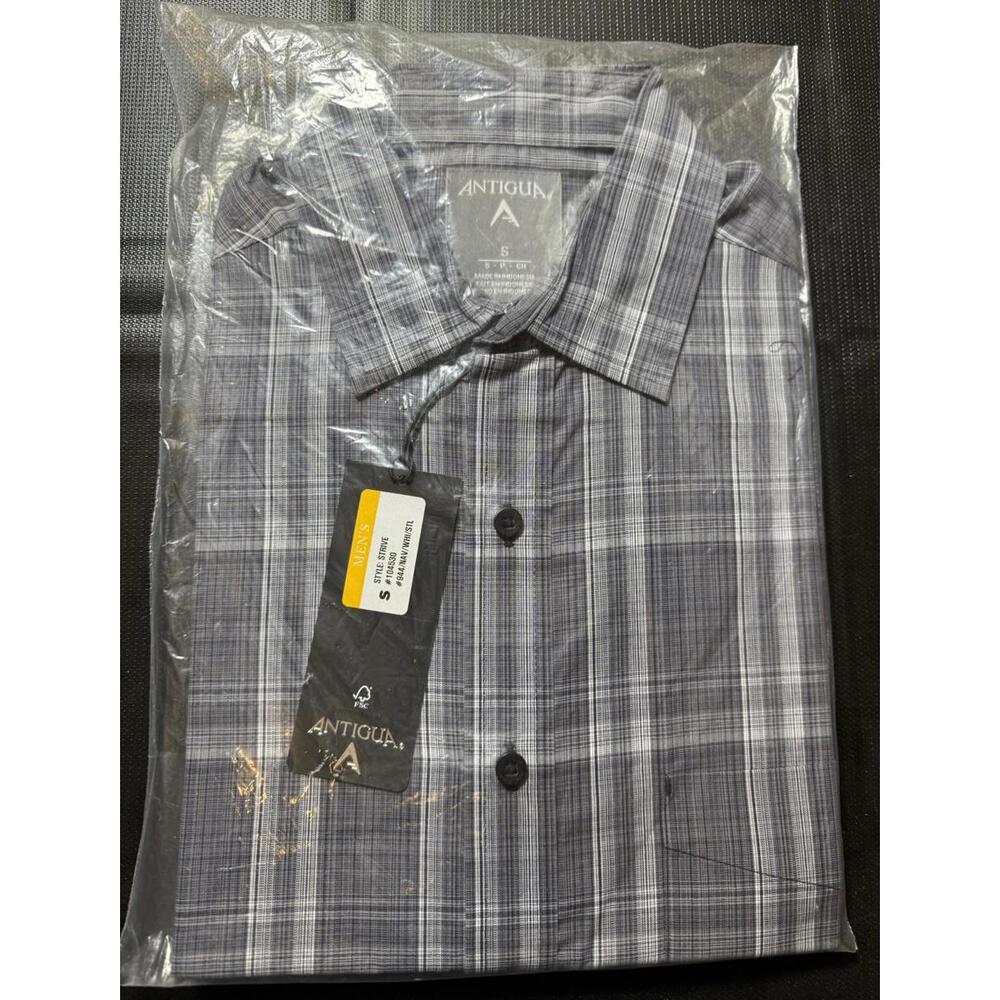 Antigua Strive Men’s Small Gray & Black Plaid Dress Shirt NWT